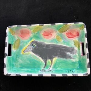Hand PaintedCeramic Serving Tray w/ Handles Crow OnMint Green 8.5x5”Rectangular